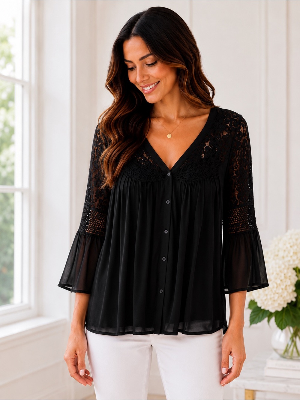 Chelsea & Theodore Black Lace Yoke Button Front Blouse Bell Sleeve Boho NWT S